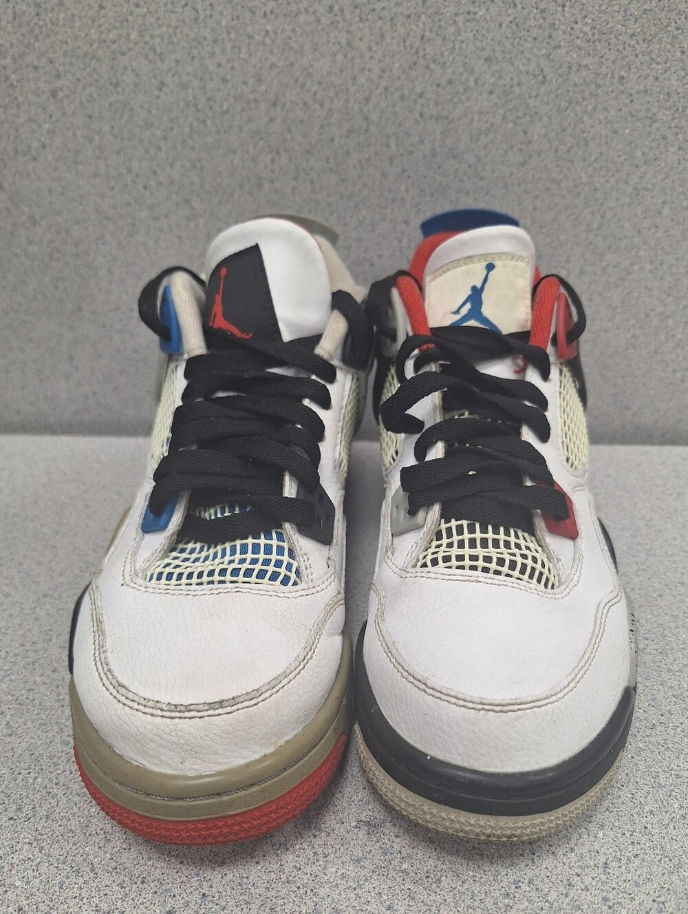 Jordan White Leather Retro 4 with Red and Blue Accents